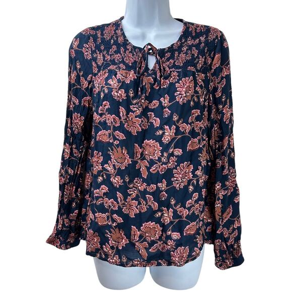 Lucky Brand Tops - Lucky Brand Floral Tie Neck Top Size Small Navy